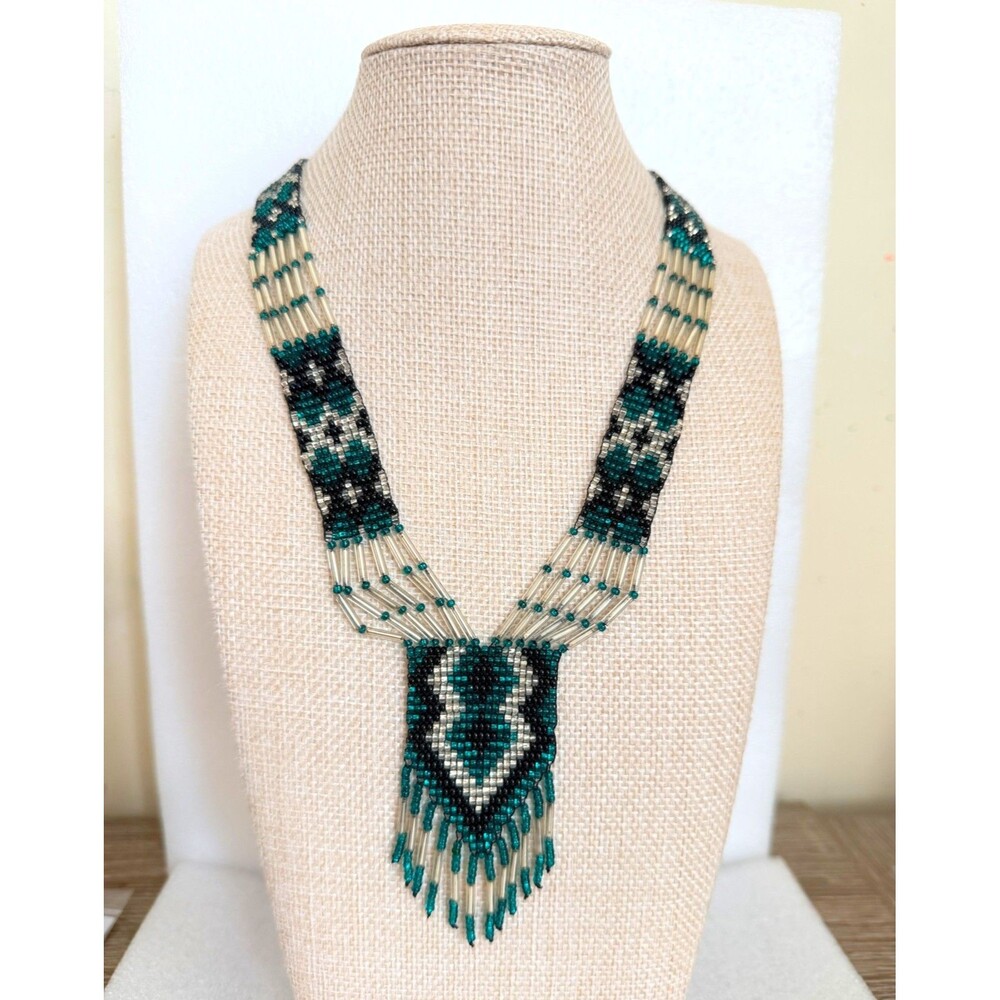 Vintage Native American Style Seed Bead Fringe Statement Necklace Teal Silver D